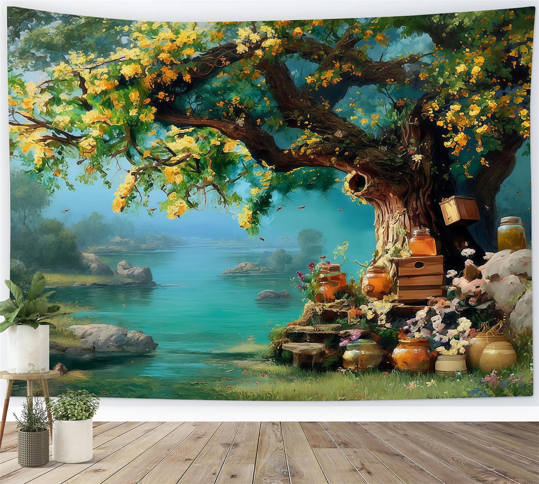 Toile de fond Peinture Arbre Miel Doré Jardin Rivière Beaux-Arts MRR9-64