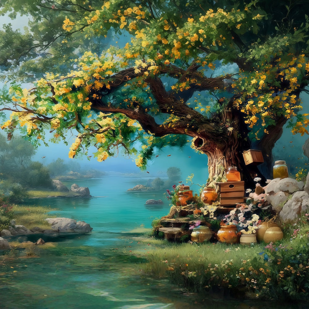 Toile de fond Peinture Arbre Miel Doré Jardin Rivière Beaux-Arts MRR9-64