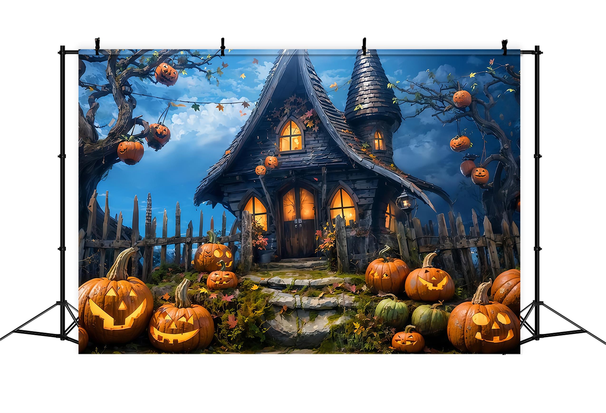 Toile de fond Halloween Chaumière Citrouilles Nuit Photo Halloween MRR9-68