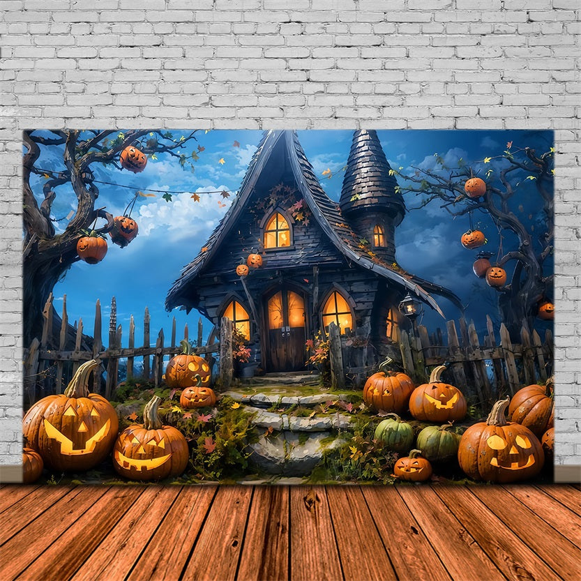 Toile de fond Halloween Chaumière Citrouilles Nuit Photo Halloween MRR9-68