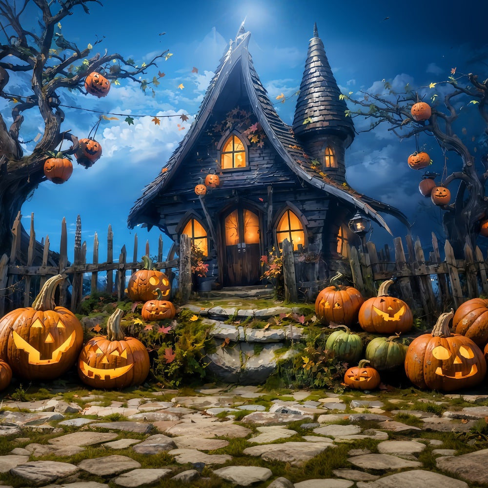 Toile de fond Halloween Chaumière Citrouilles Nuit Photo Halloween MRR9-68