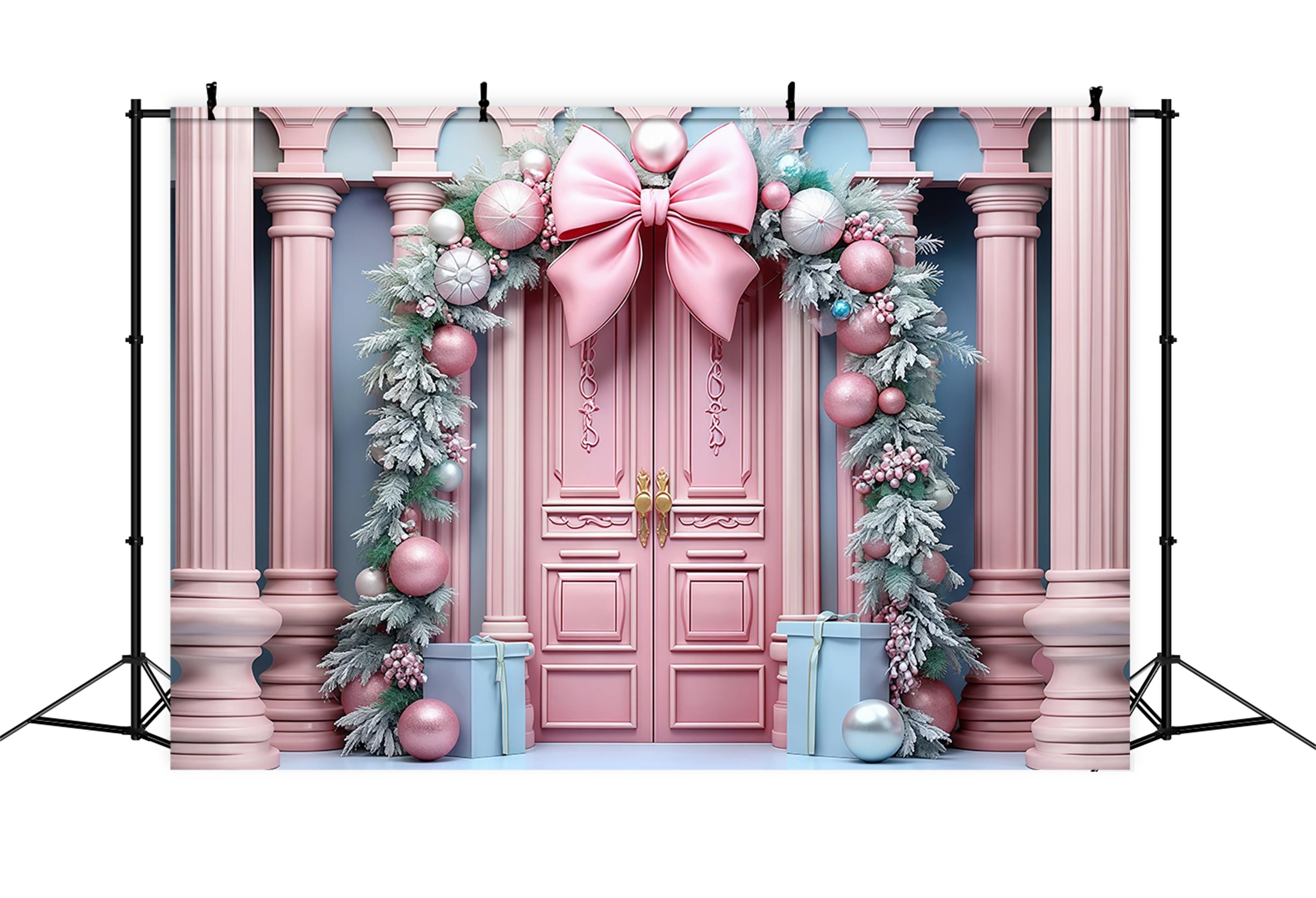 Toile de fond Noël Rose Porte Rose Ruban Guirlande Noël MRR9-70
