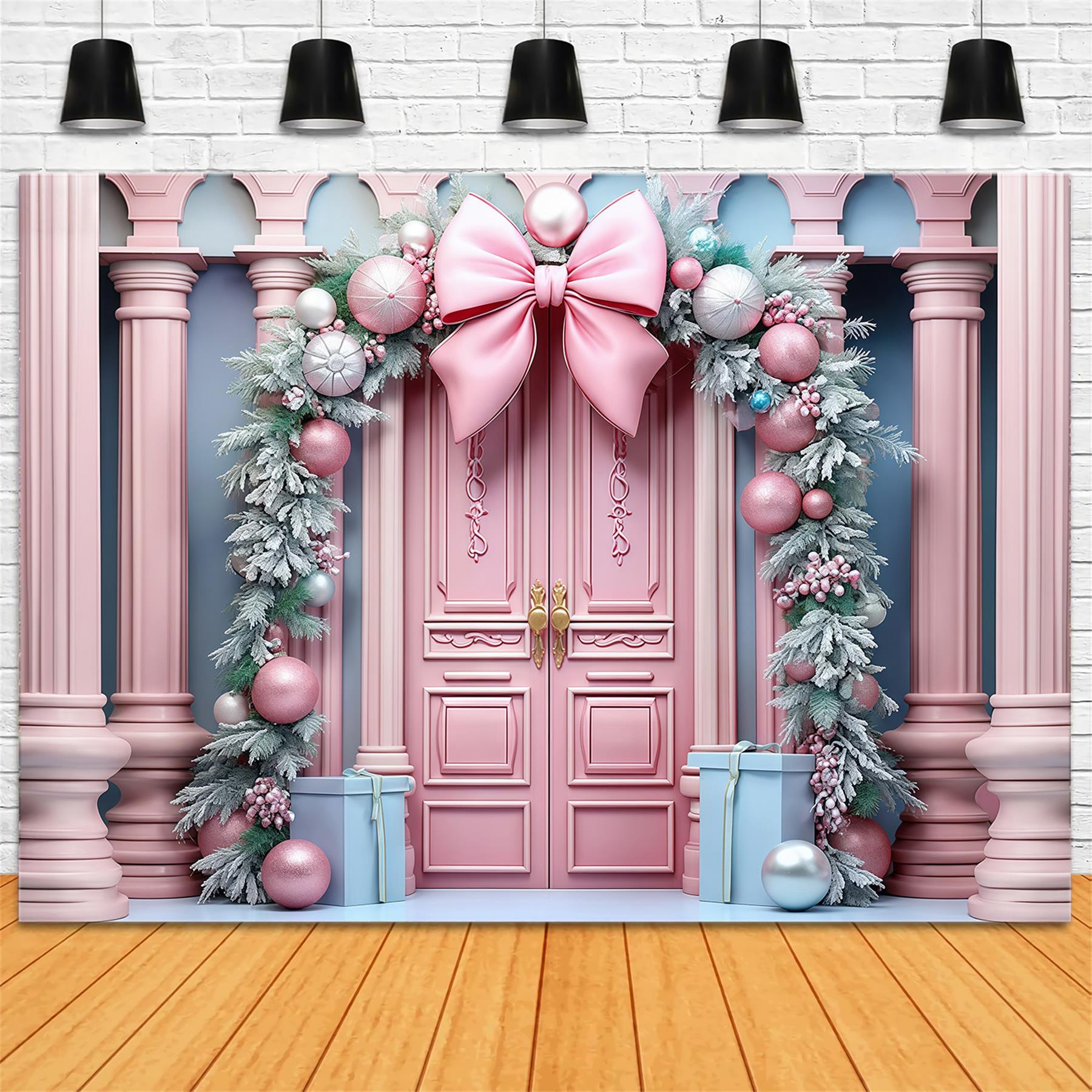 Toile de fond Noël Rose Porte Rose Ruban Guirlande Noël MRR9-70