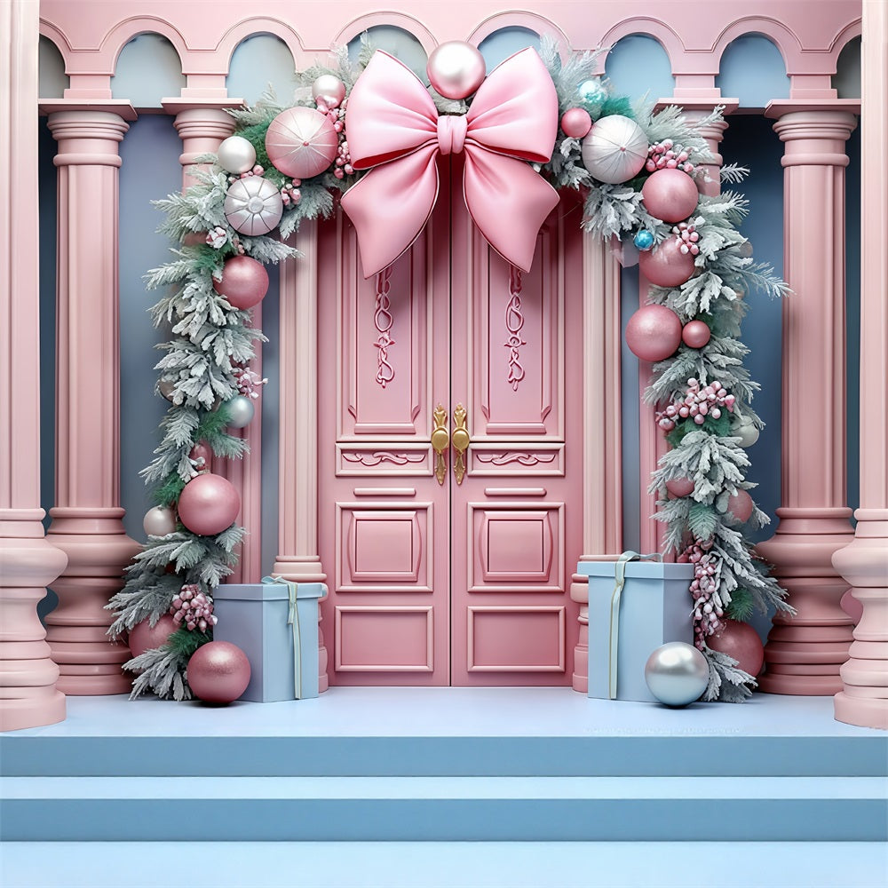 Toile de fond Noël Rose Porte Rose Ruban Guirlande Noël MRR9-70