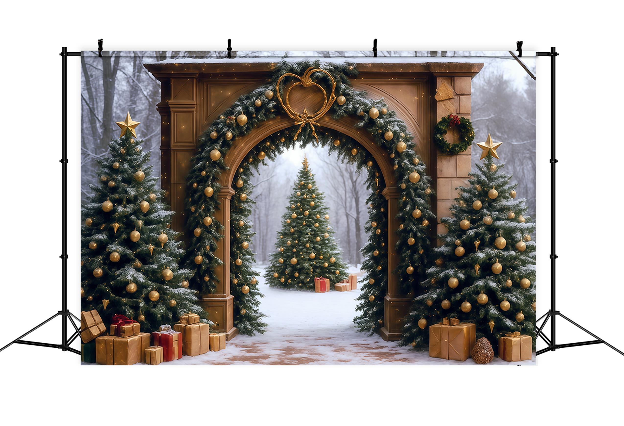 Toile de fond Arbre de Noël Forêt Enneigée Arche Porte Noël Photo MRR9-77