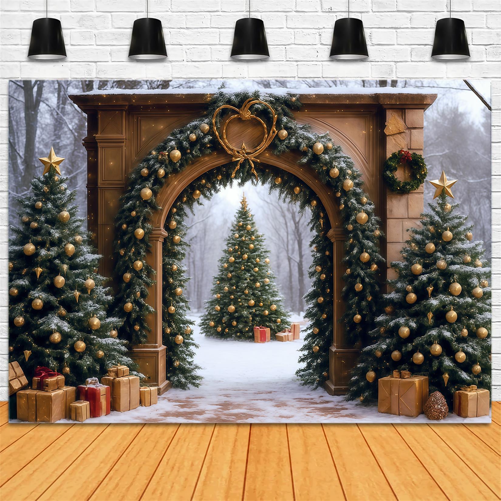 Toile de fond Arbre de Noël Forêt Enneigée Arche Porte Noël Photo MRR9-77