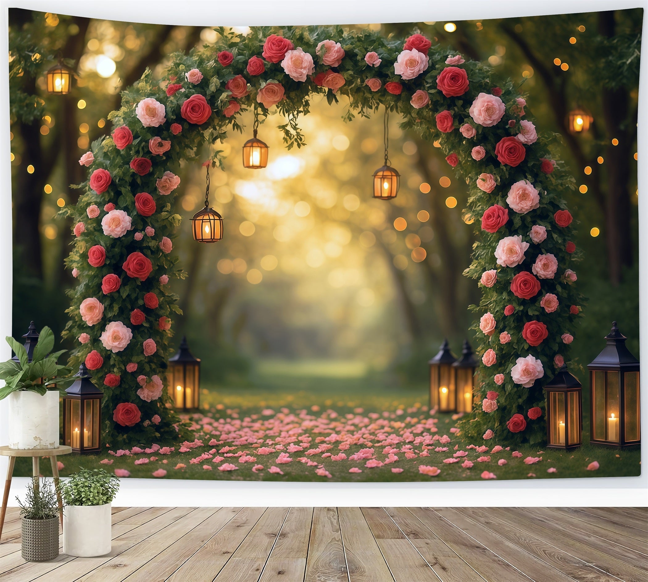 Toile de fond Mur Floral Arc de Roses Romantiques Lanternes MRR9-81