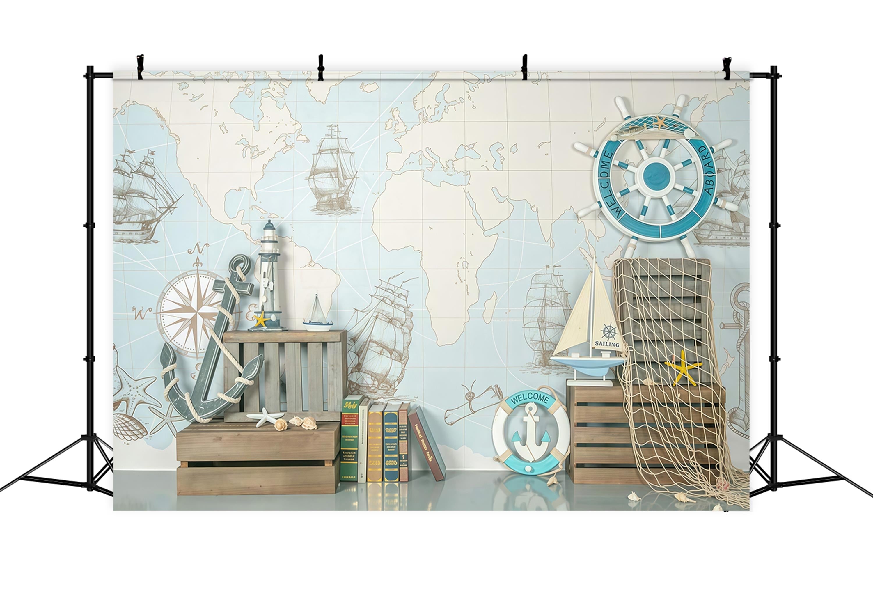 Toile de fond Nouveau-Né Carte Nautique Navires Gouvernail Décor Enfants MRR9-82
