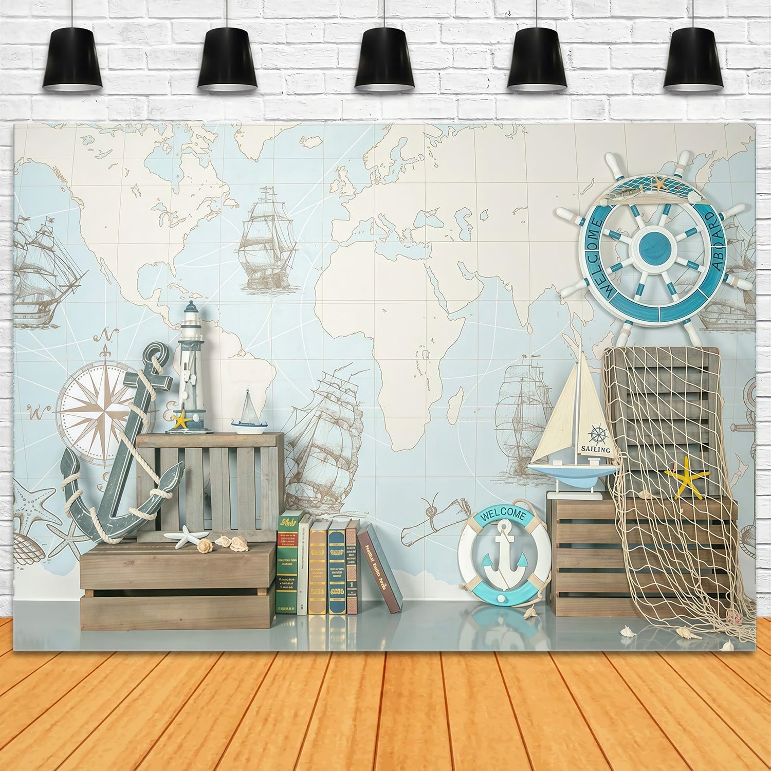 Toile de fond Nouveau-Né Carte Nautique Navires Gouvernail Décor Enfants MRR9-82