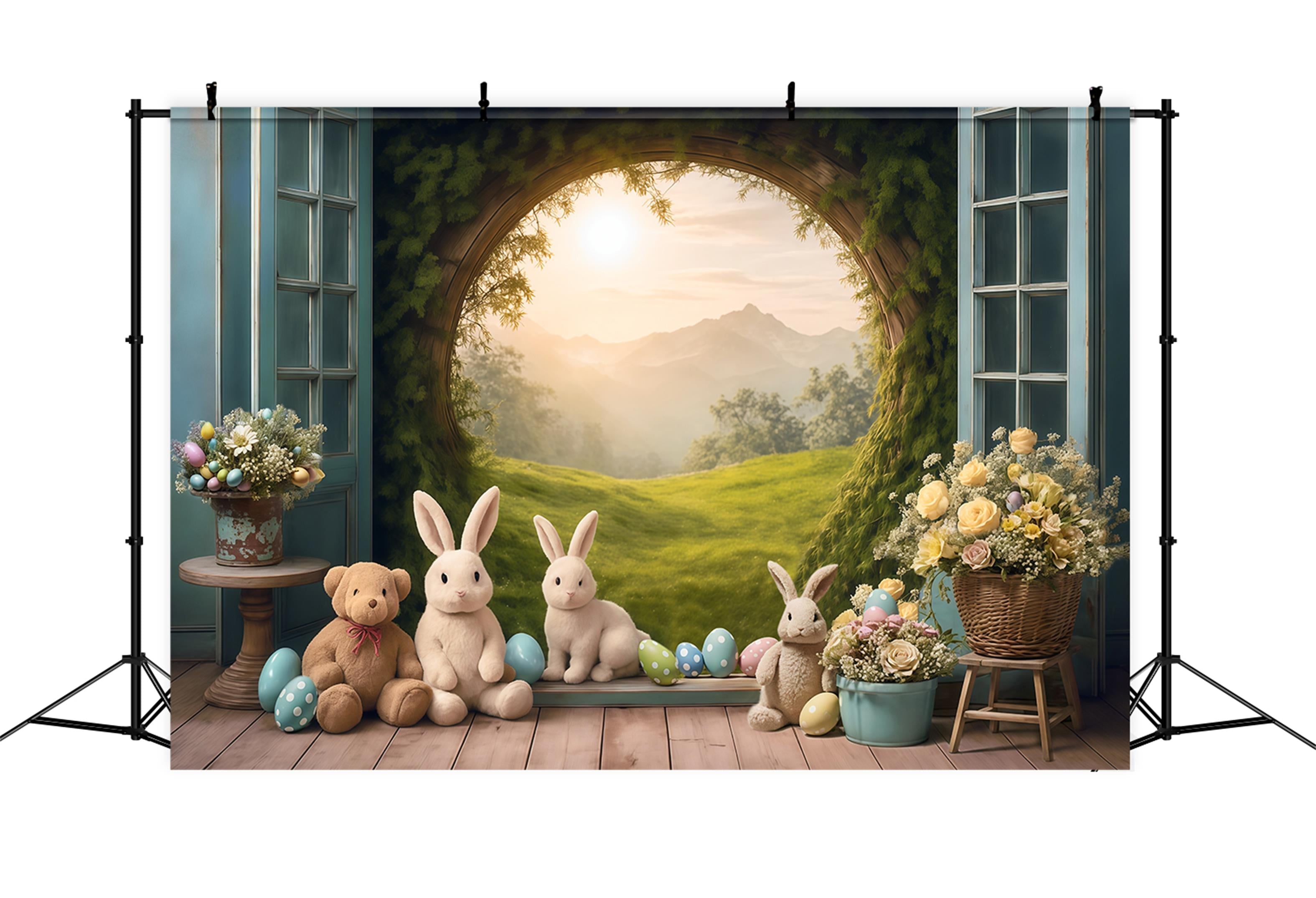 Toile de fond Pâques Lapins Pré Coucher de Soleil Œufs Fleurs MRR9-85