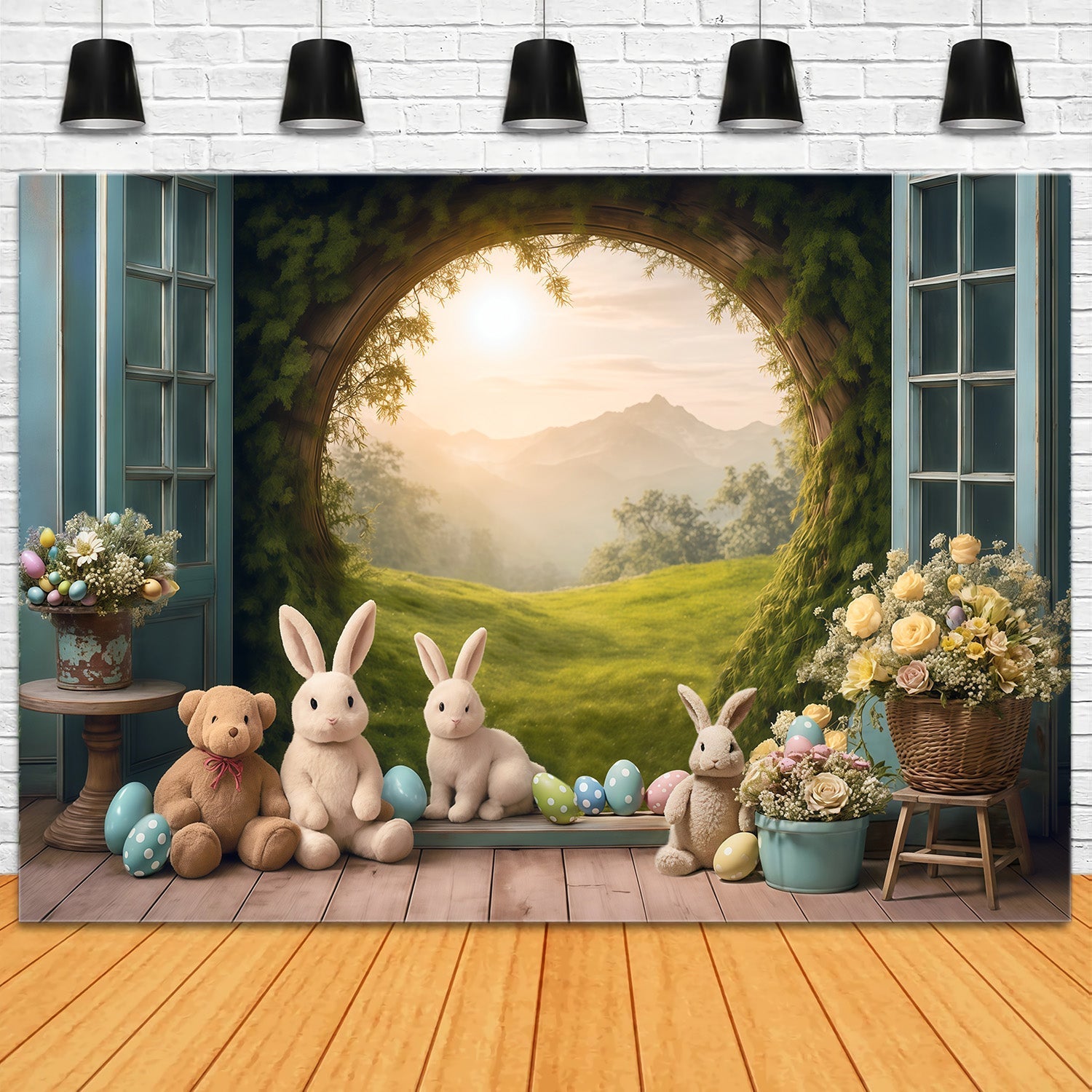 Toile de fond Pâques Lapins Pré Coucher de Soleil Œufs Fleurs MRR9-85