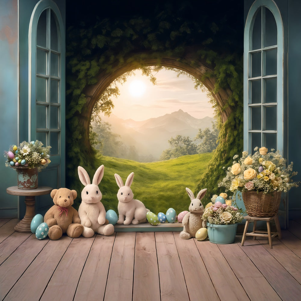 Toile de fond Pâques Lapins Pré Coucher de Soleil Œufs Fleurs MRR9-85