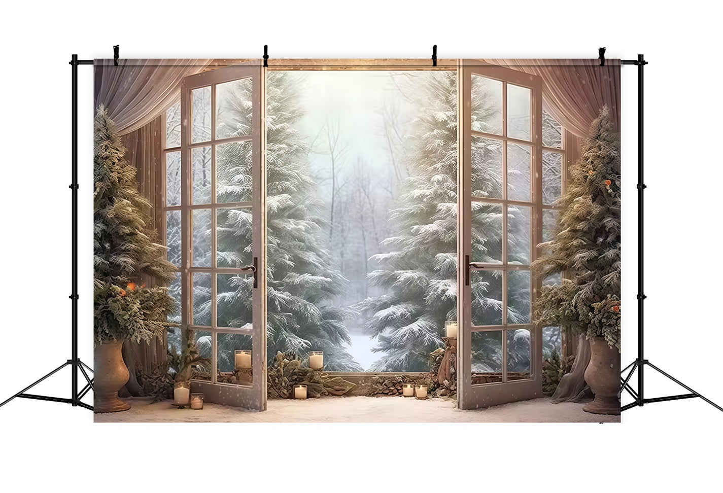 Toile de fond Forêt Hivernale Portes Ouvertes Pins Enneigés Hiver MRR9-97