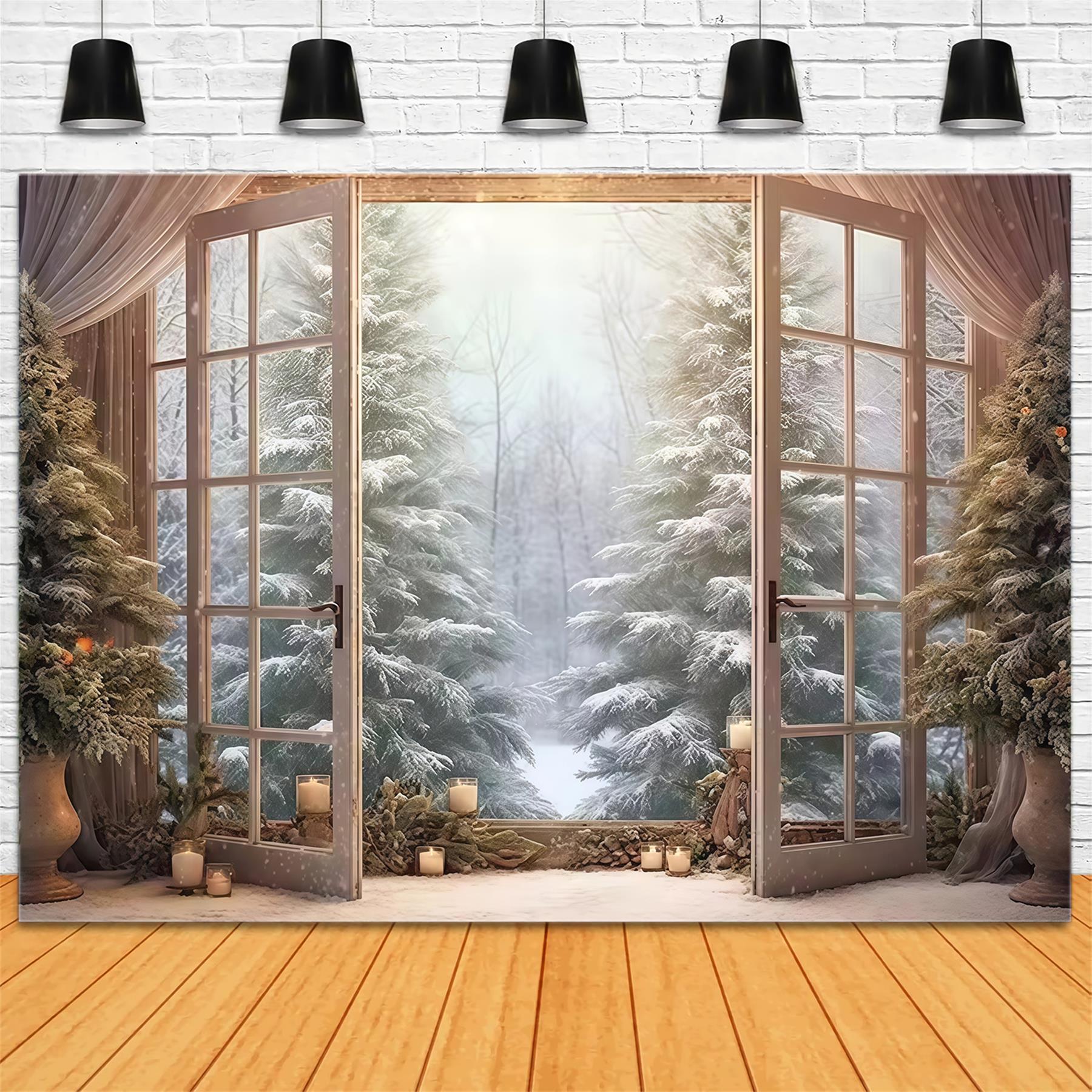 Toile de fond Forêt Hivernale Portes Ouvertes Pins Enneigés Hiver MRR9-97