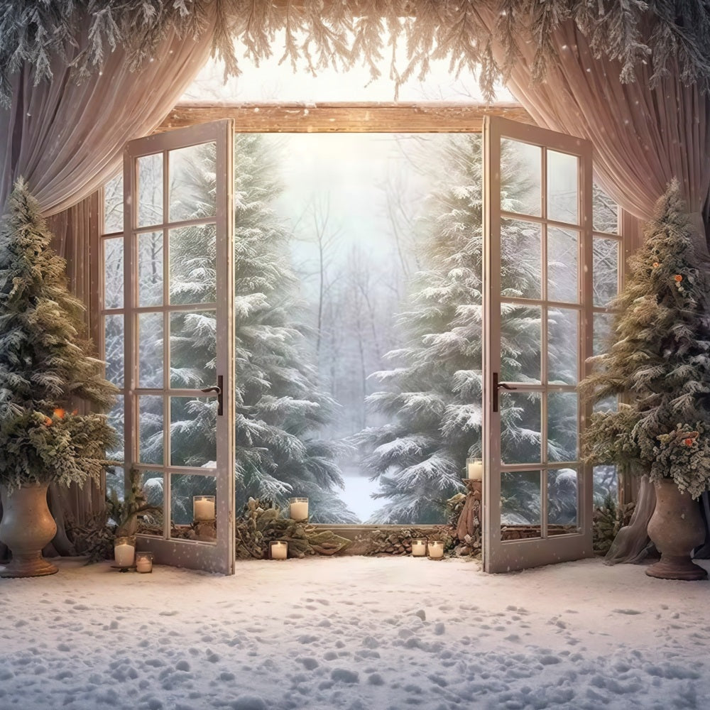 Toile de fond Forêt Hivernale Portes Ouvertes Pins Enneigés Hiver MRR9-97