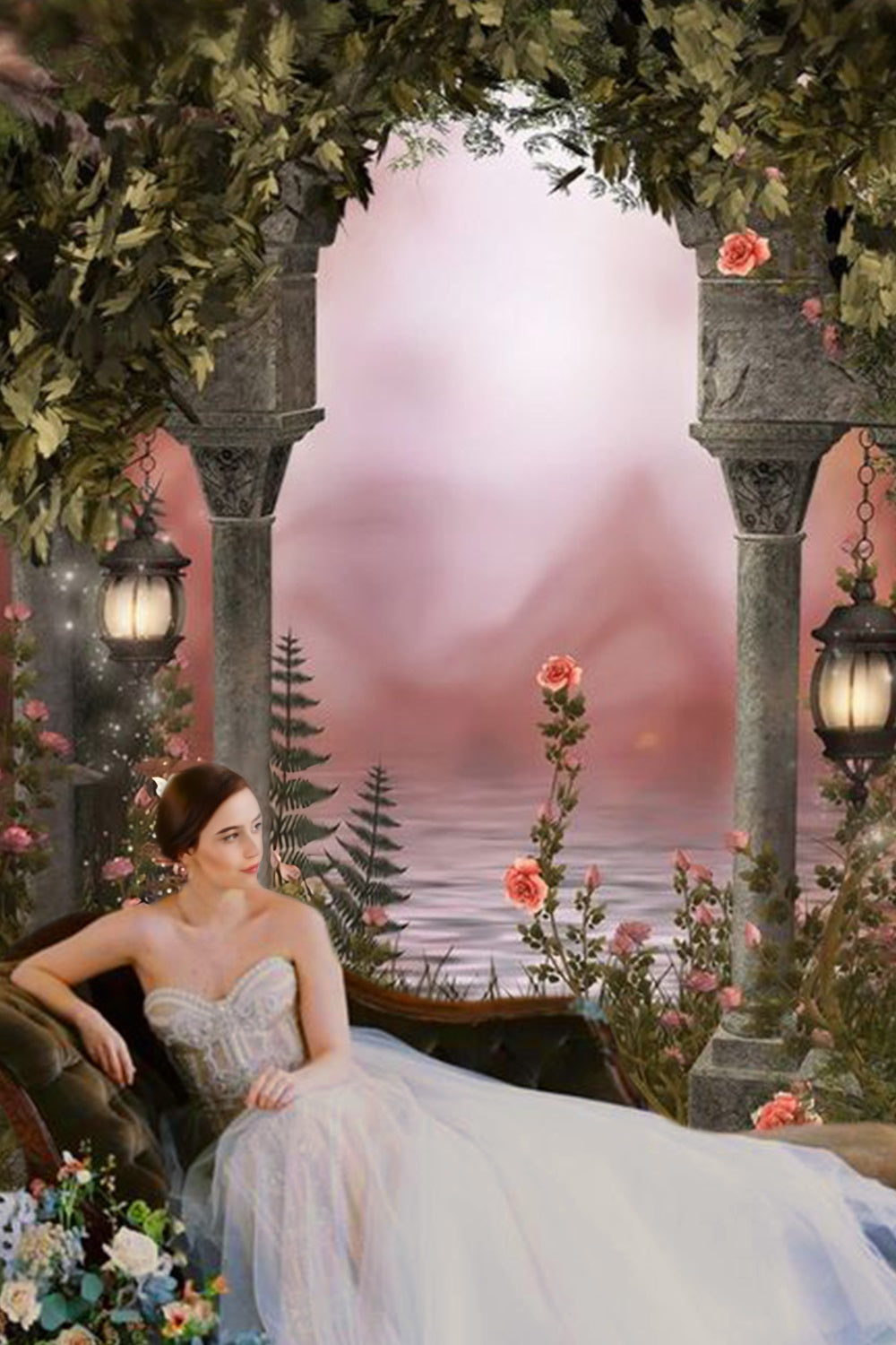 Toile de fond européenne vintage romantique pour lampe de rue à fleurs RR3-03