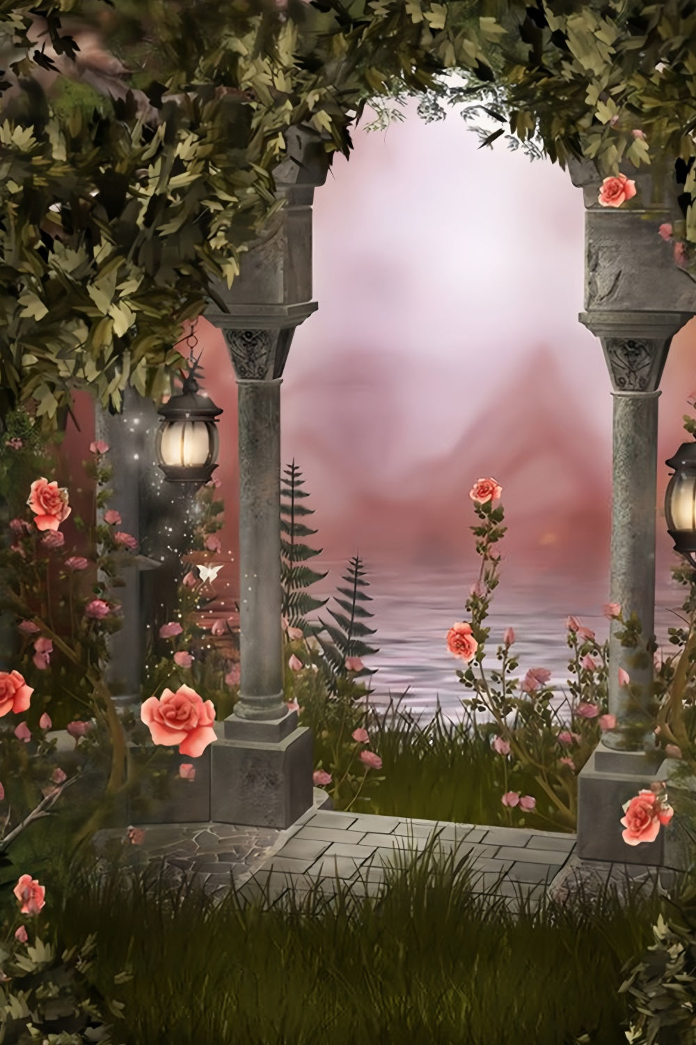 Toile de fond européenne vintage romantique pour lampe de rue à fleurs RR3-03