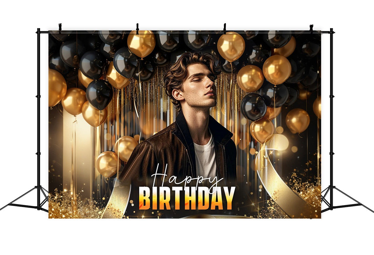 Toile de fond Ballon Anniversaire Noir et Or Personnalisé RR1-100