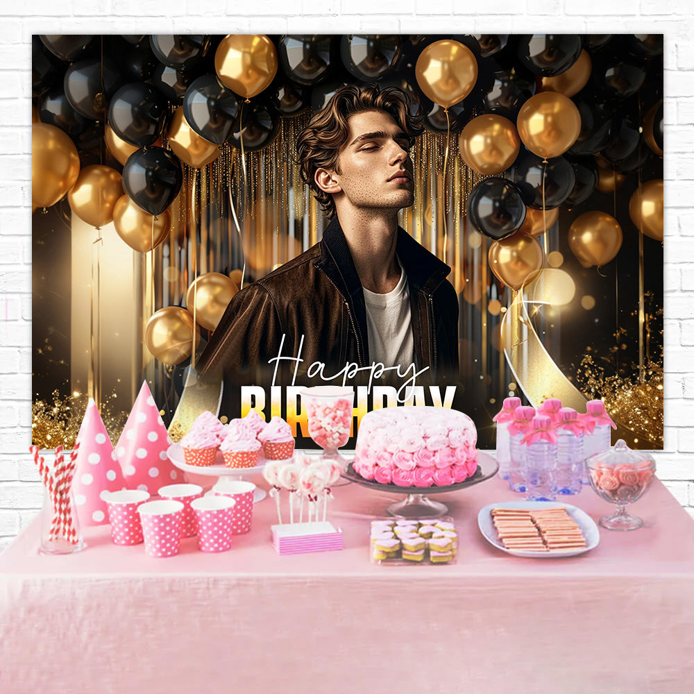 Toile de fond Ballon Anniversaire Noir et Or Personnalisé RR1-100