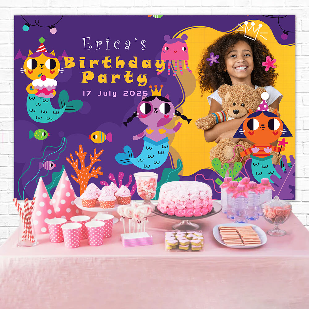 Toile de Fond Anniversaire Personnalisable Sirène Océan Coloré Fête RR1-45