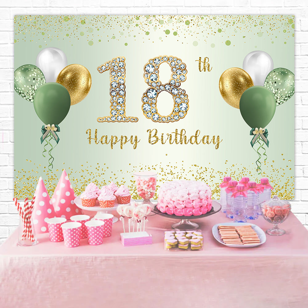 Toile de Fond Anniversaire Personnalisable Ballons Vert Or 18 Ans RR1-65