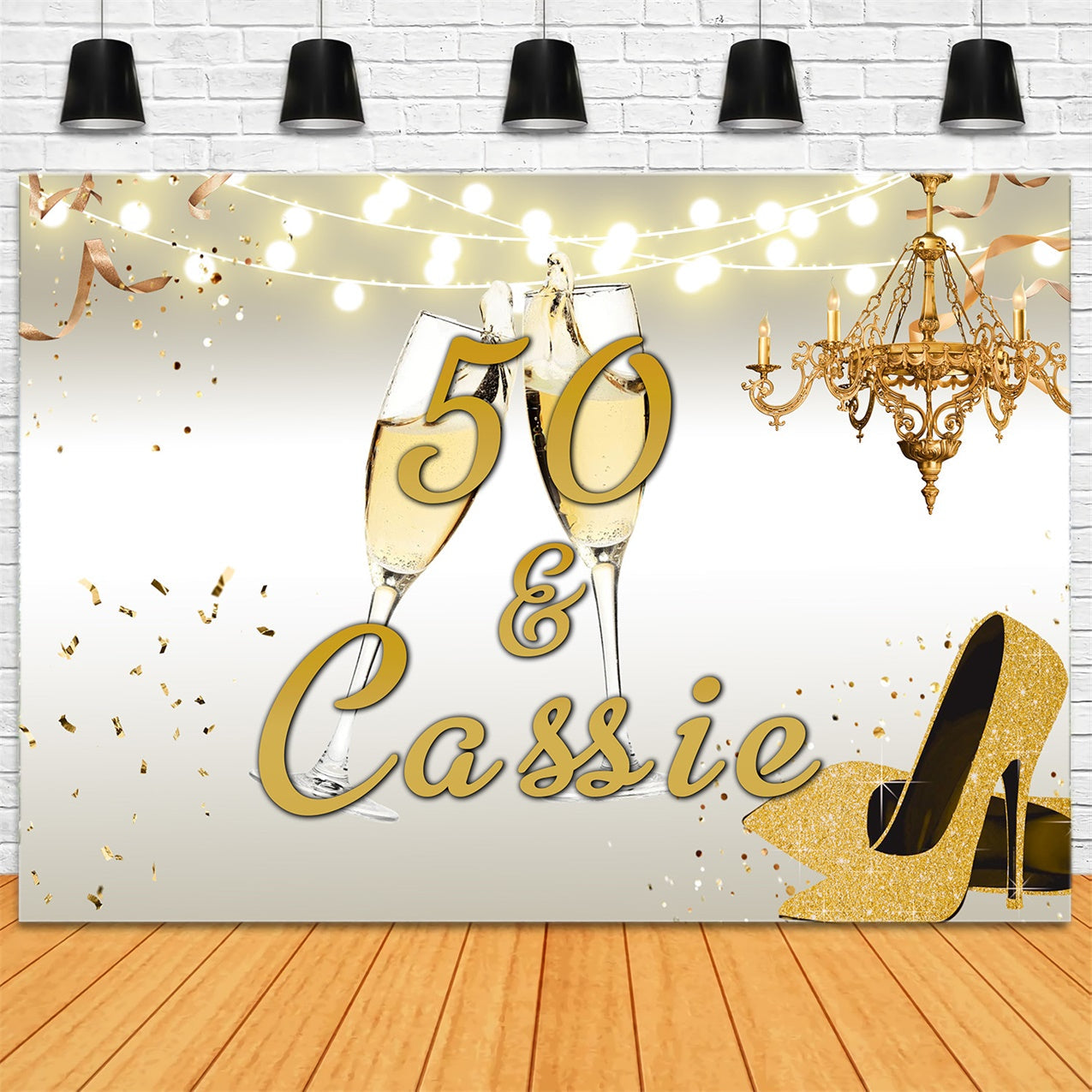 Toile de fond Anniversaire Personnalisable Champagne Doré et Lustre RR1-8
