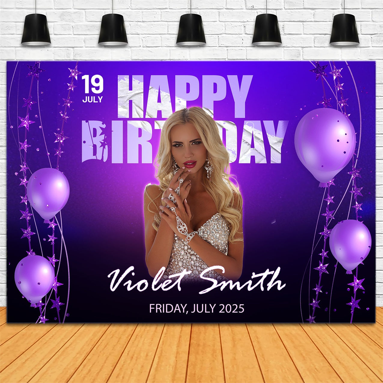 Fond Anniversaire Personnalisée Ballons Scintillants Violet RR1-84