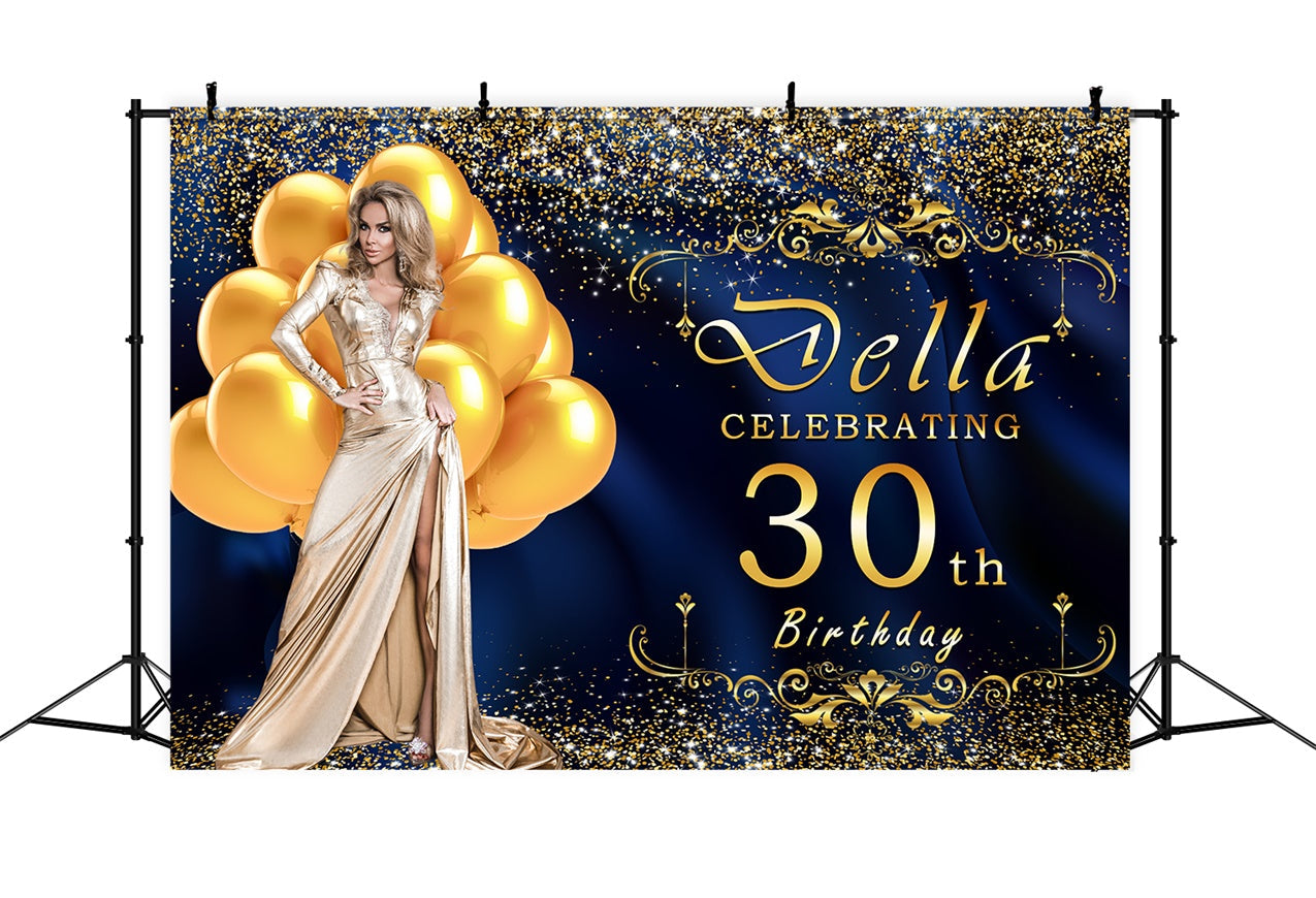 Toile de fond Anniversaire 30e Année Ballon Bleu Doré Luxueux Personnalisé RR12-77