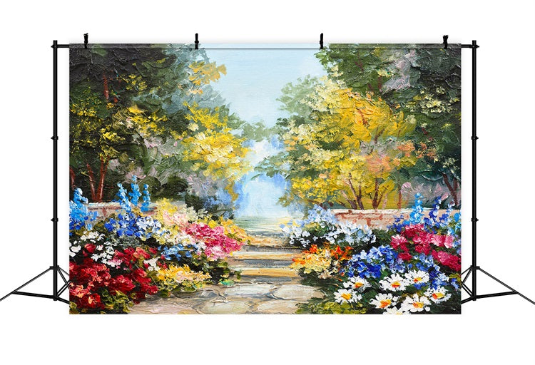 Peinture à l'huile Fleurs autour d'un sentier boisé Belle Toile de fond RR3-05