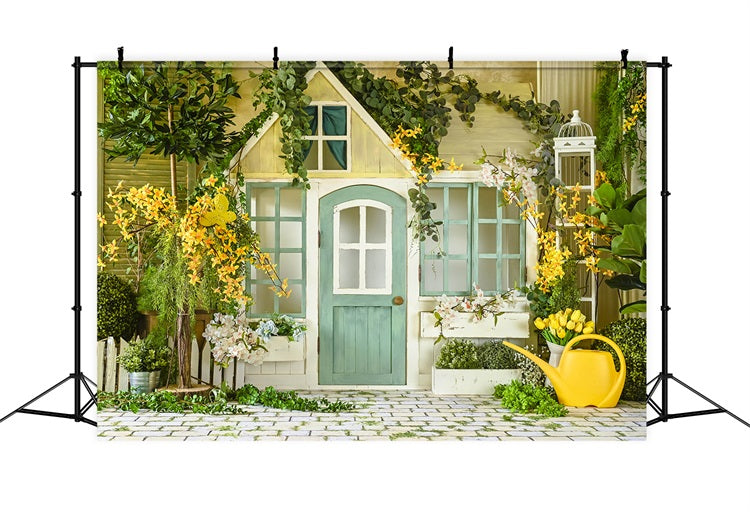 Printemps Porte en bois fraîche Sol en pierre Fleur Toile de fond RR3-06
