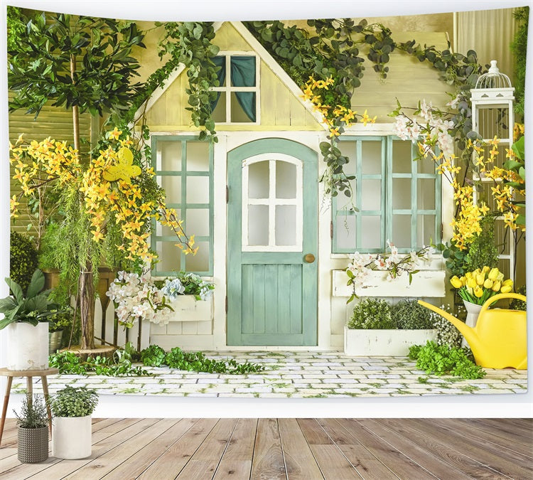 Printemps Porte en bois fraîche Sol en pierre Fleur Toile de fond RR3-06