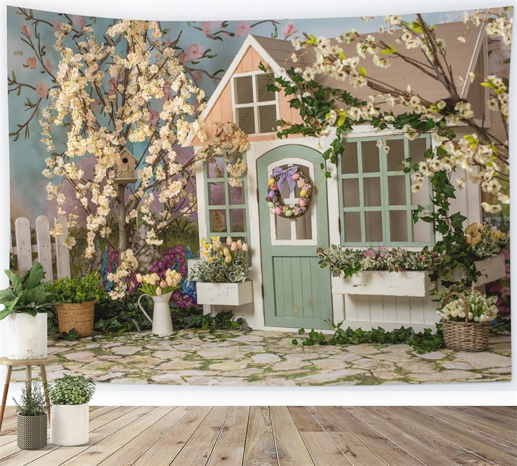 Fleur printanière Clôture Couronne Cabane en Bois Planche Toile de fond RR3-08