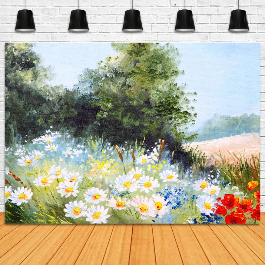 Peinture à l'huile de printemps Petite marguerite Bleu ciel brise Toile de fond RR3-09