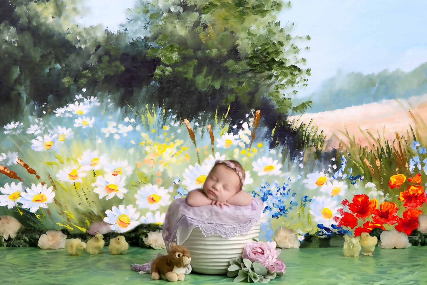 Peinture à l'huile de printemps Petite marguerite Bleu ciel brise Toile de fond RR3-09