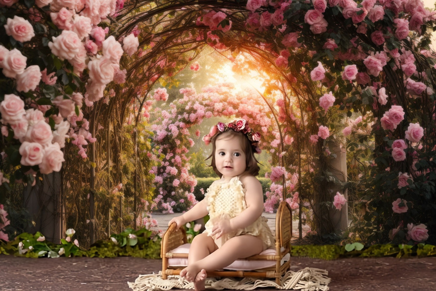 Toile de fond romantique arche de roseraie rose RR3-11