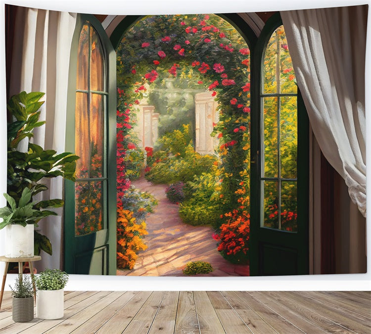 Peinture à l'huile printanière Exquisite élégante maison Jardin de roses Toile de fond RR3-12