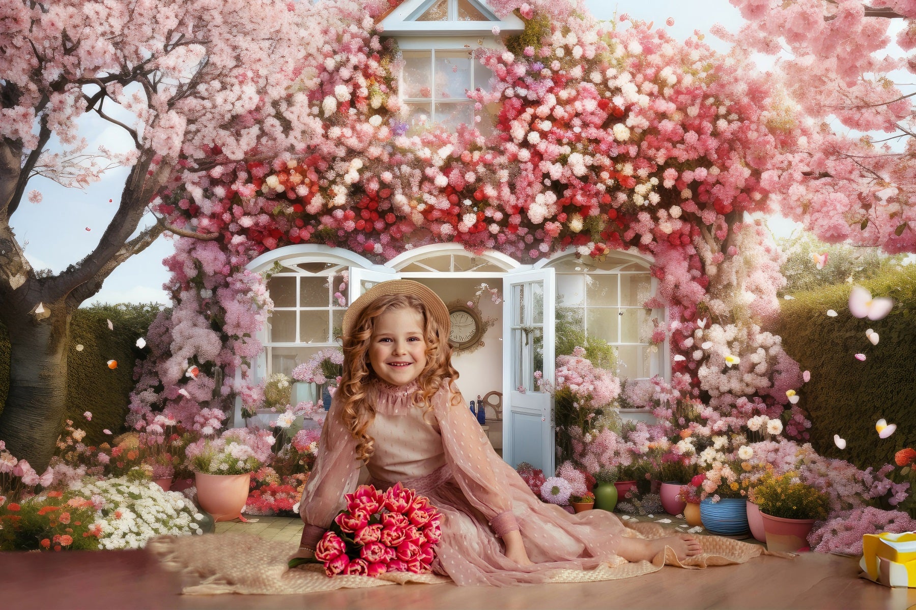 Toile de fond pour maison romantique avec cerisiers en fleurs RR3-15