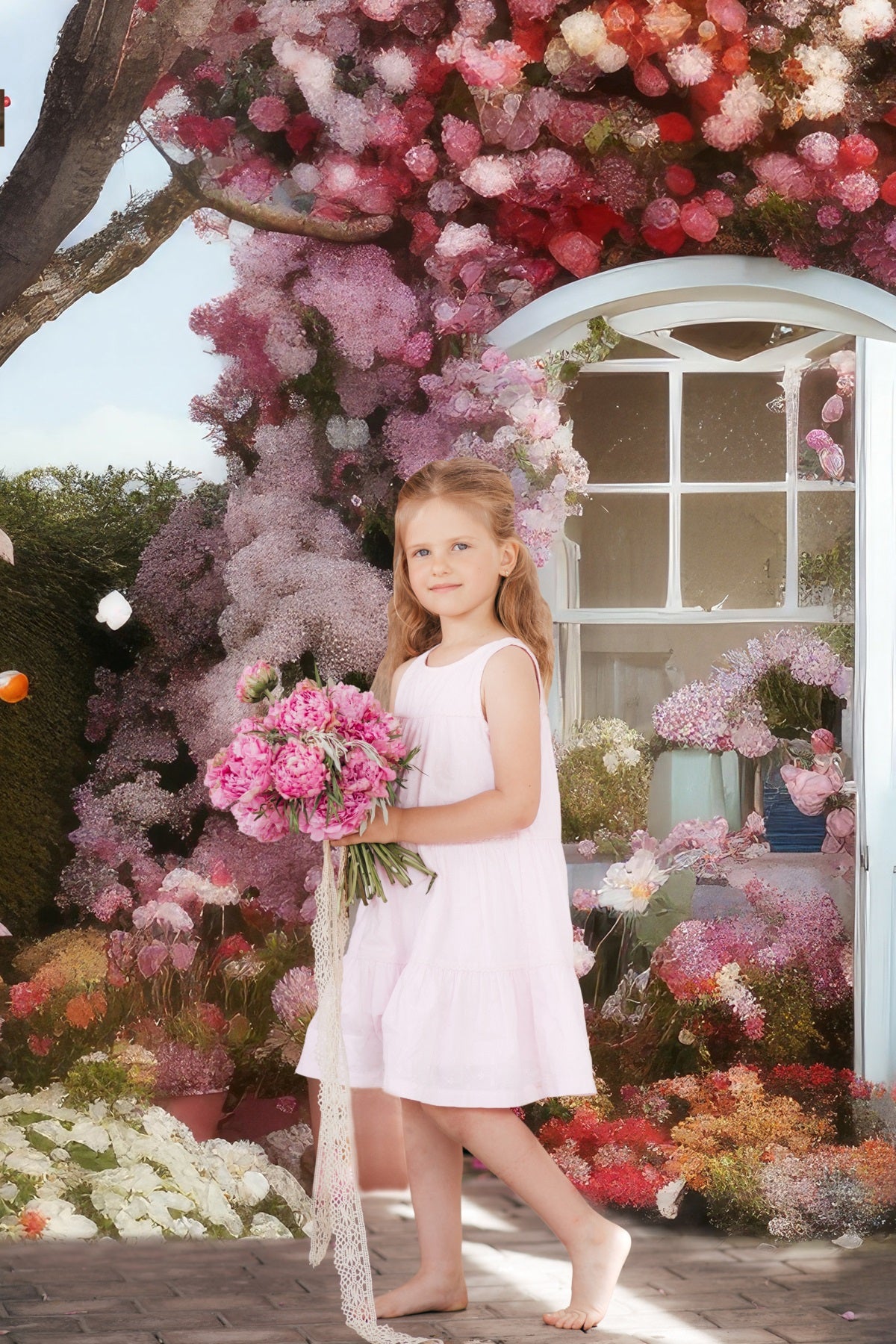 Toile de fond pour maison romantique avec cerisiers en fleurs RR3-15