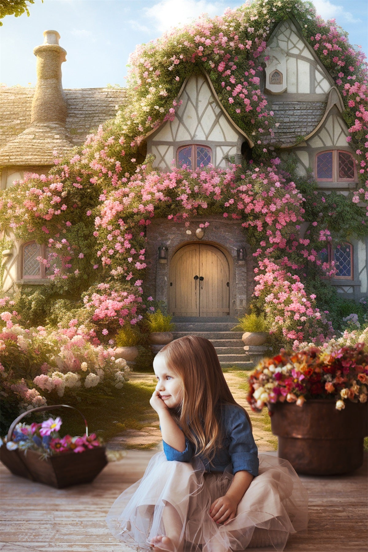 Toile de fond de maison romantique à boutons de rose rampants RR3-16