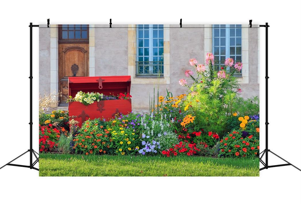 Toile de fond pour maison de ville au printemps Jardin Fleurs Pelouse Coffre en bois rouge RR3-17