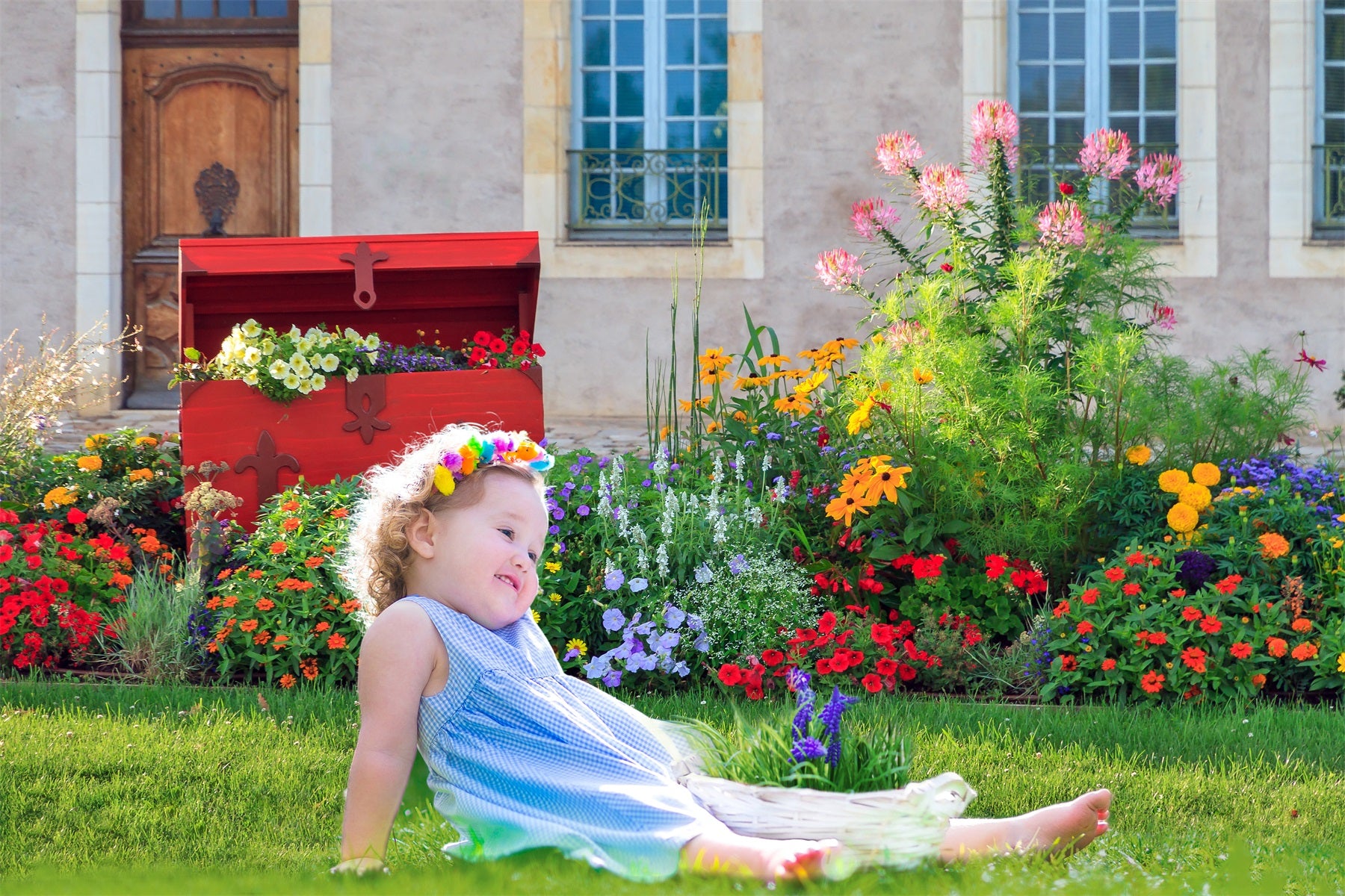 Toile de fond pour maison de ville au printemps Jardin Fleurs Pelouse Coffre en bois rouge RR3-17