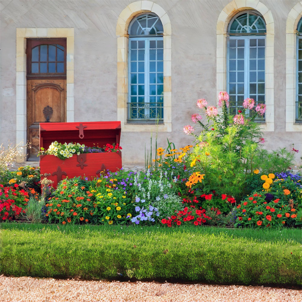 Toile de fond pour maison de ville au printemps Jardin Fleurs Pelouse Coffre en bois rouge RR3-17