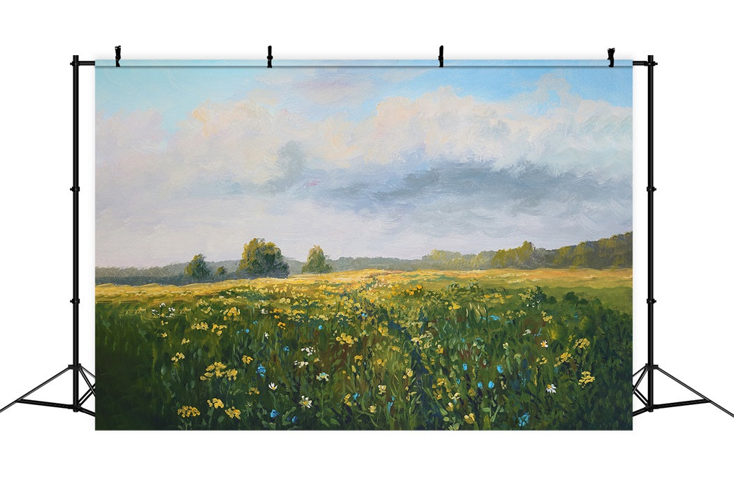 Printemps Peinture à l'huile Fleurs sauvages Ciel bleu Nuages blancs Toile de fond RR3-18