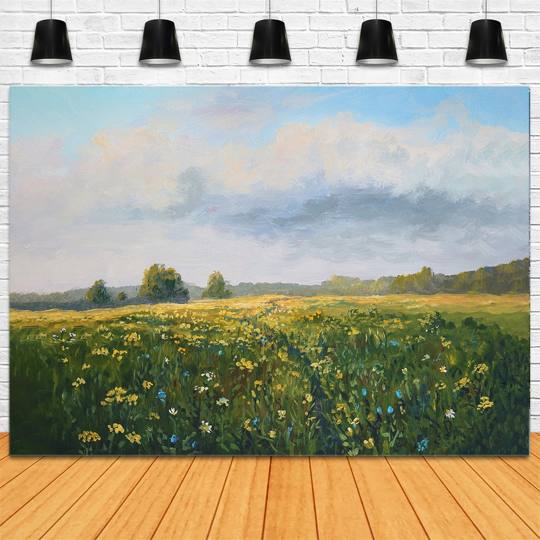 Printemps Peinture à l'huile Fleurs sauvages Ciel bleu Nuages blancs Toile de fond RR3-18