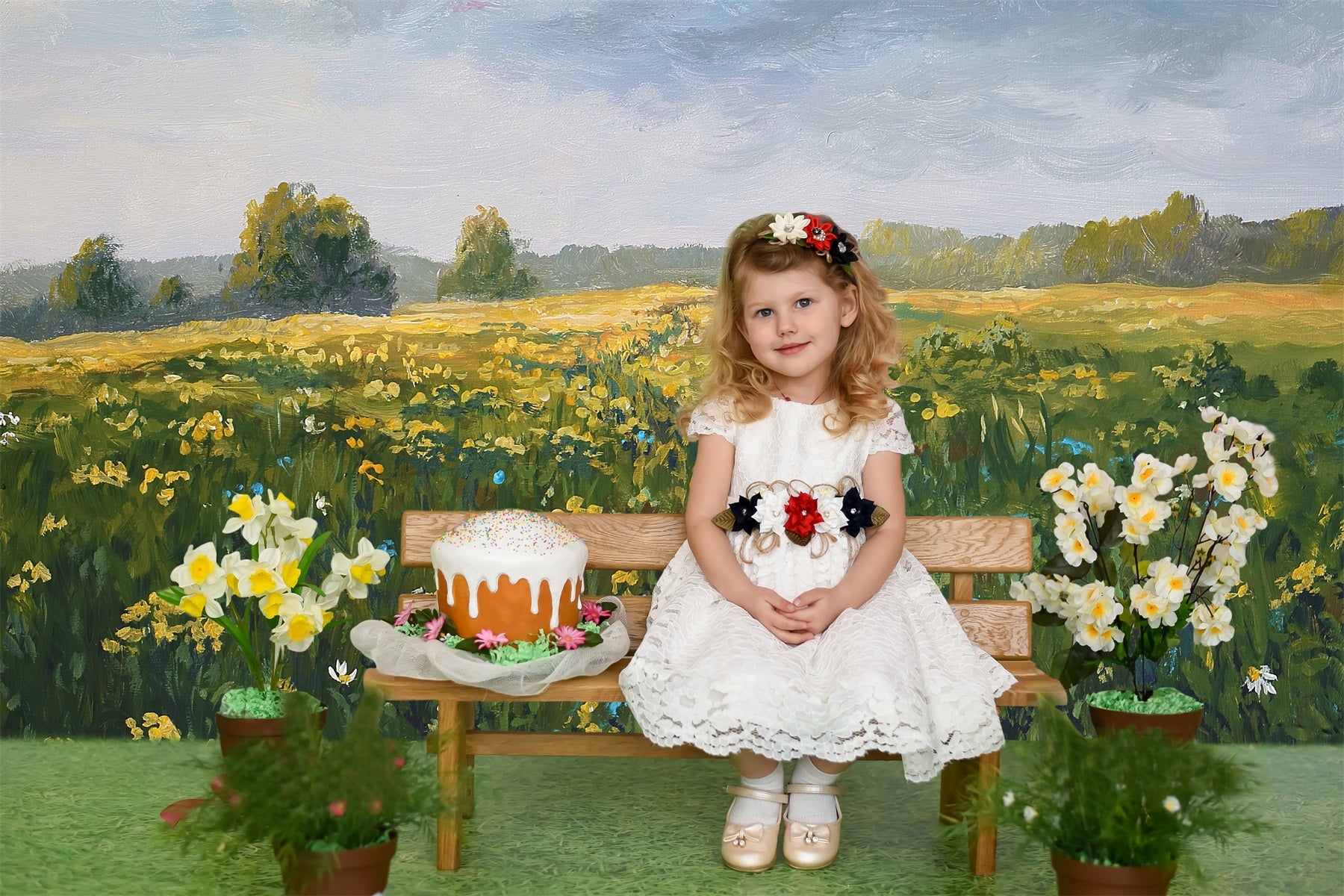 Printemps Peinture à l'huile Fleurs sauvages Ciel bleu Nuages blancs Toile de fond RR3-18