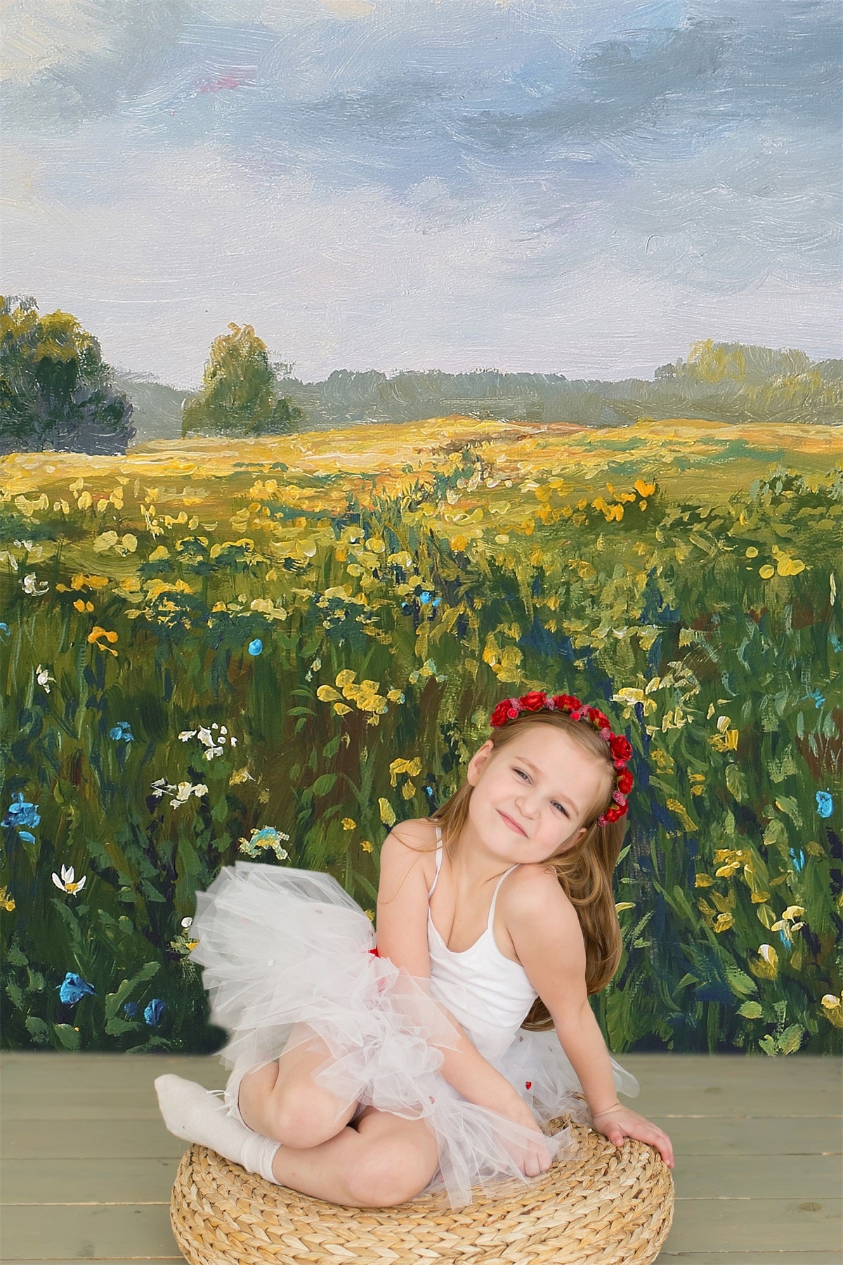 Printemps Peinture à l'huile Fleurs sauvages Ciel bleu Nuages blancs Toile de fond RR3-18