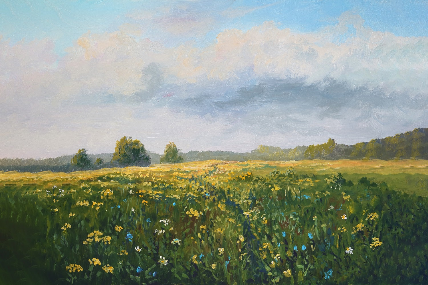 Printemps Peinture à l'huile Fleurs sauvages Ciel bleu Nuages blancs Toile de fond RR3-18