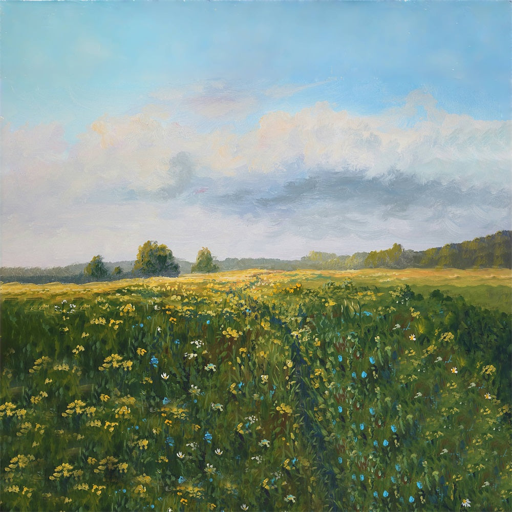 Printemps Peinture à l'huile Fleurs sauvages Ciel bleu Nuages blancs Toile de fond RR3-18
