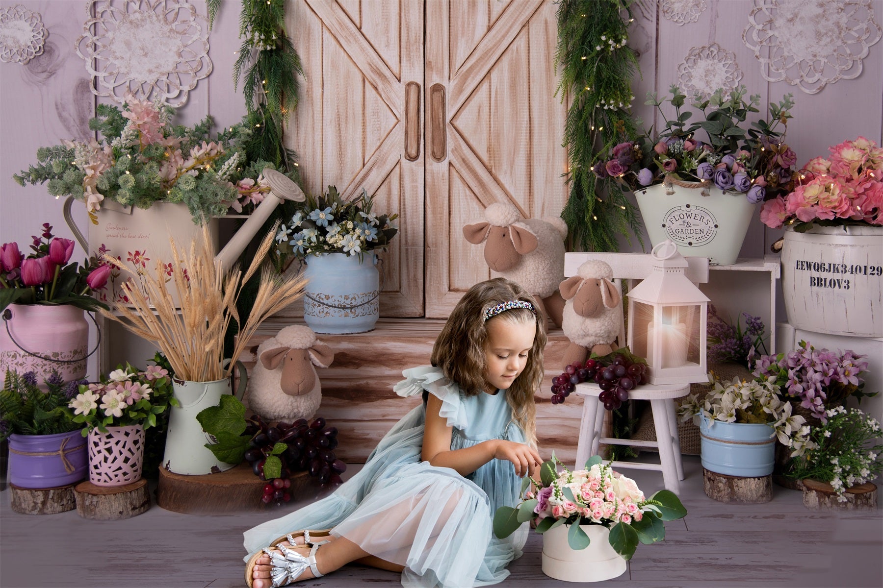 Toile de fond pour porte en bois blanc avec fleurs et verdure RR3-21