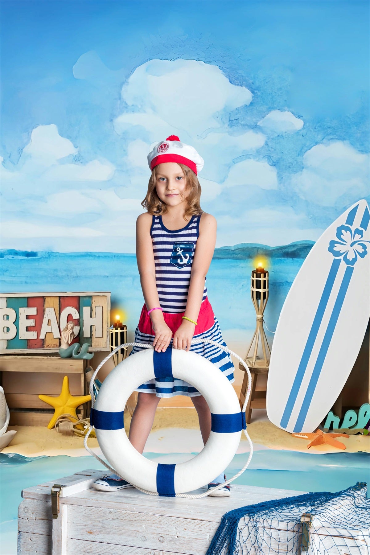 Toile de fond estivale Mer Plage Bleu Ciel Blanc Nuages Thème Surf RR3-29